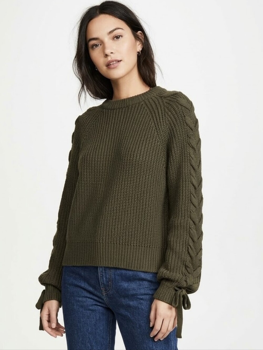 Olive Cable-Sleeve Knit Sweater M/L